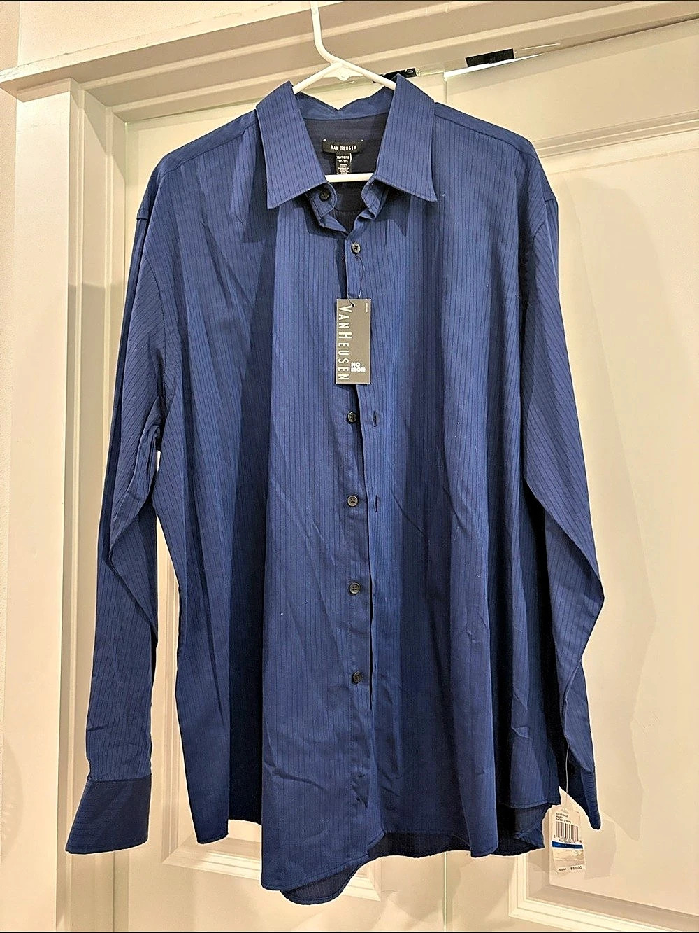 Van Heusen No Iron Sateen Stripe Dress Shirt Blue XL